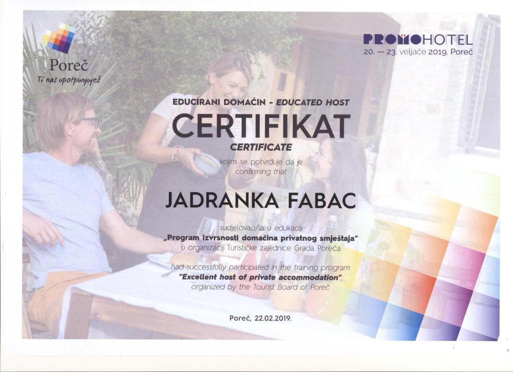 Certifikát, ocenenie alebo iný dokument vystavený v ubytovaní Apartments Fabac