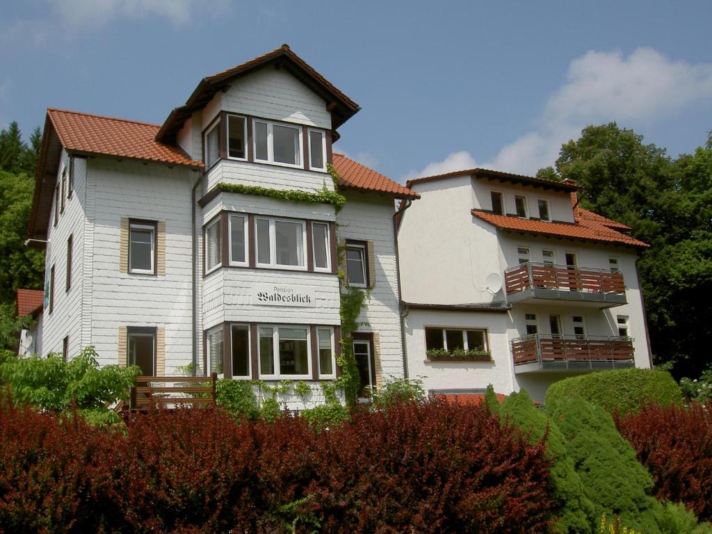 a large white house sitting on top of a hill at Pension Waldesblick in Friedrichroda