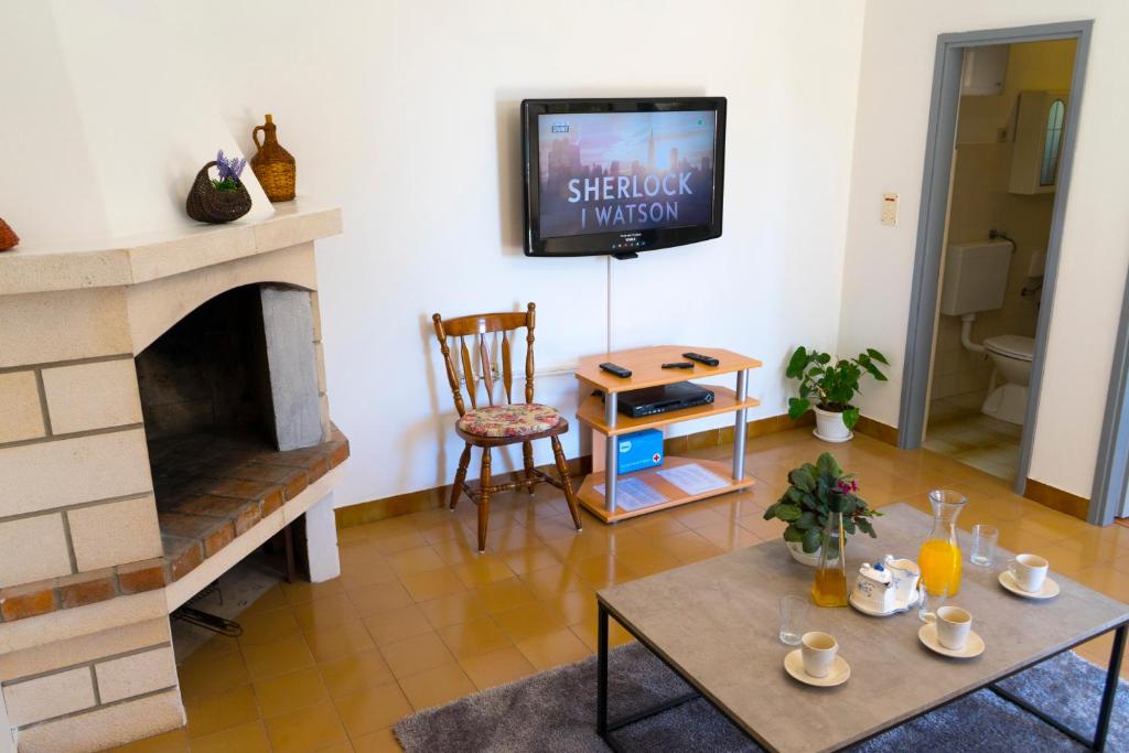 a living room with a fireplace and a tv at Tania Apartment in Prizba
