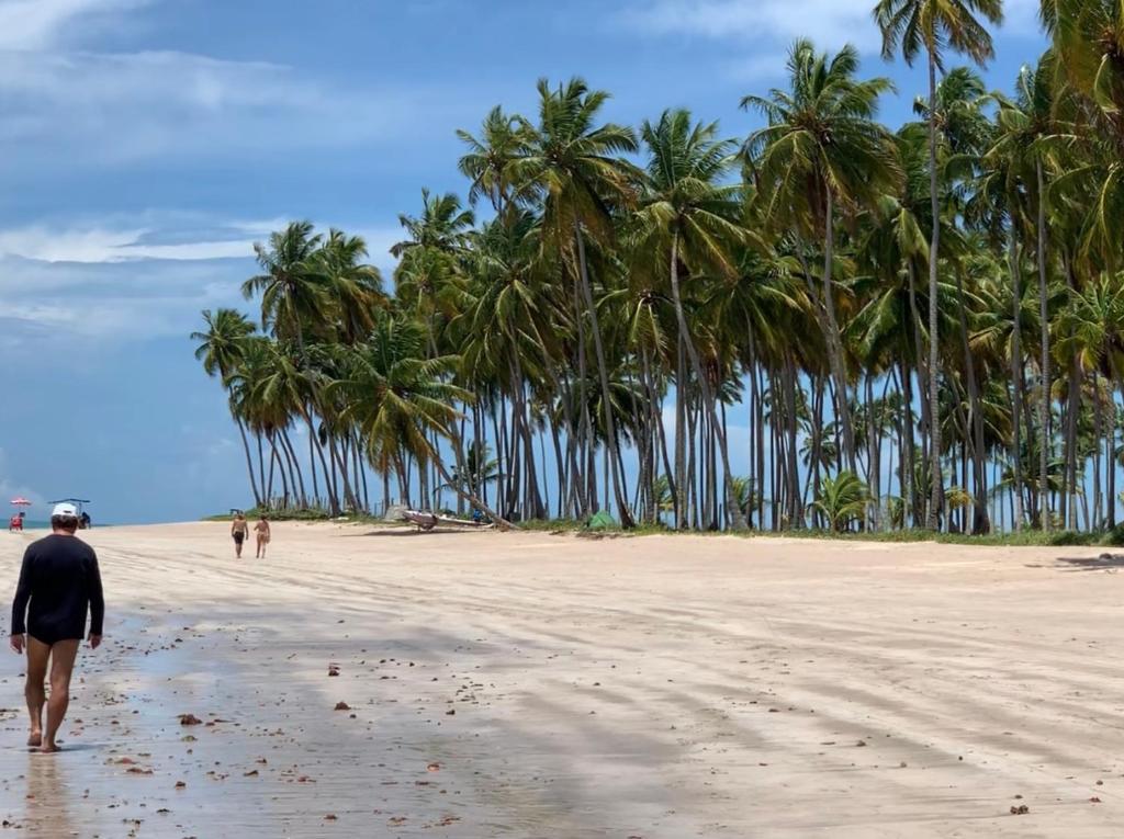 a man walking on a beach with palm trees at Carneiros Beach Resort Flat in Tamandaré