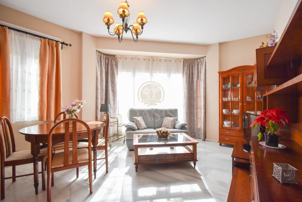 sala de estar con sofá y mesa en Apartamento céntrico hogareño, en Málaga