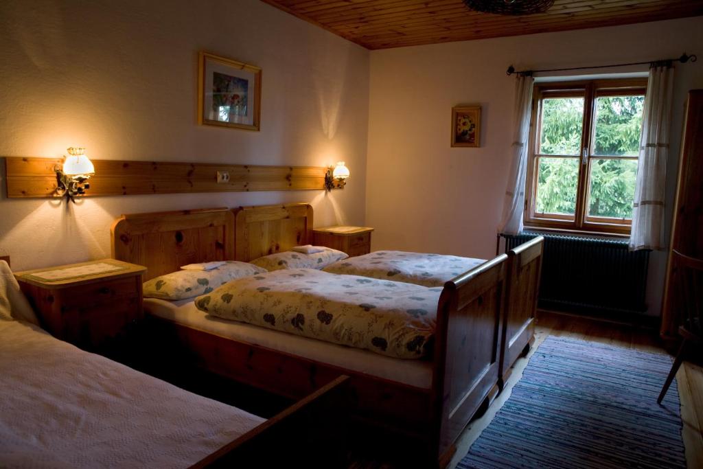 a bedroom with two beds and a window at Ferienhof Rotbuchner in Vorderstoder
