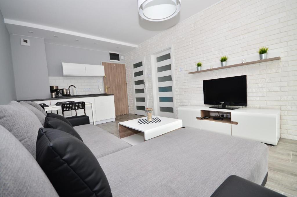 a living room with a gray couch and a tv at APARTAMENT - PORTA MARE - LEŚNE TARASY - 45B/2 in Dziwnówek