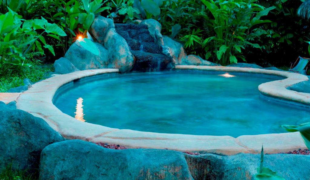 uma piscina com uma cascata num jardim em Blue Conga em Puerto Viejo