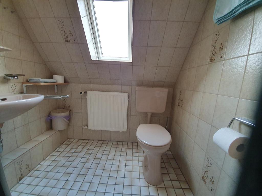 ein Bad mit einem WC und einem Waschbecken in der Unterkunft Haus-Eilers-Borkum in Borkum