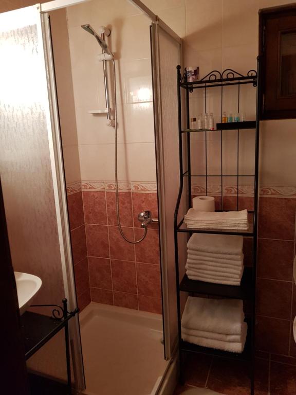 y baño con ducha y toallas. en Divcibarski Konak en Divčibare
