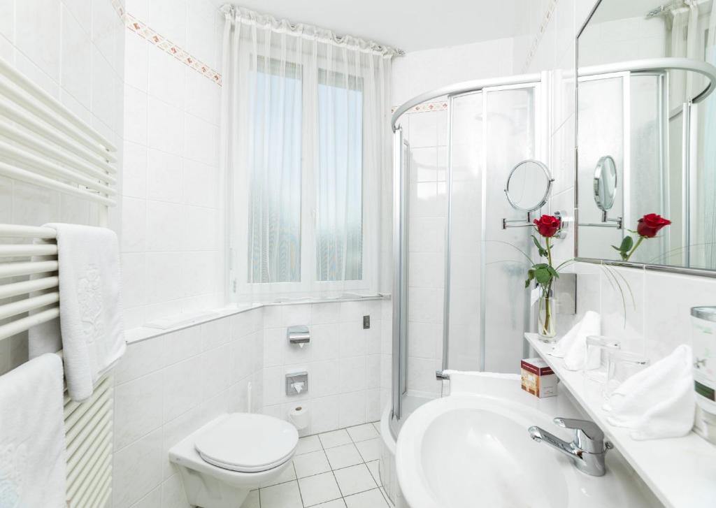 a bathroom with a sink, toilet, and bathtub at Hotel Erzherzog Rainer in Vienna