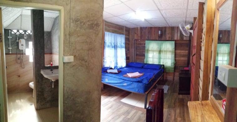 a room with a blue bed and a sink at Lungphut Homestay in Chiang Mai