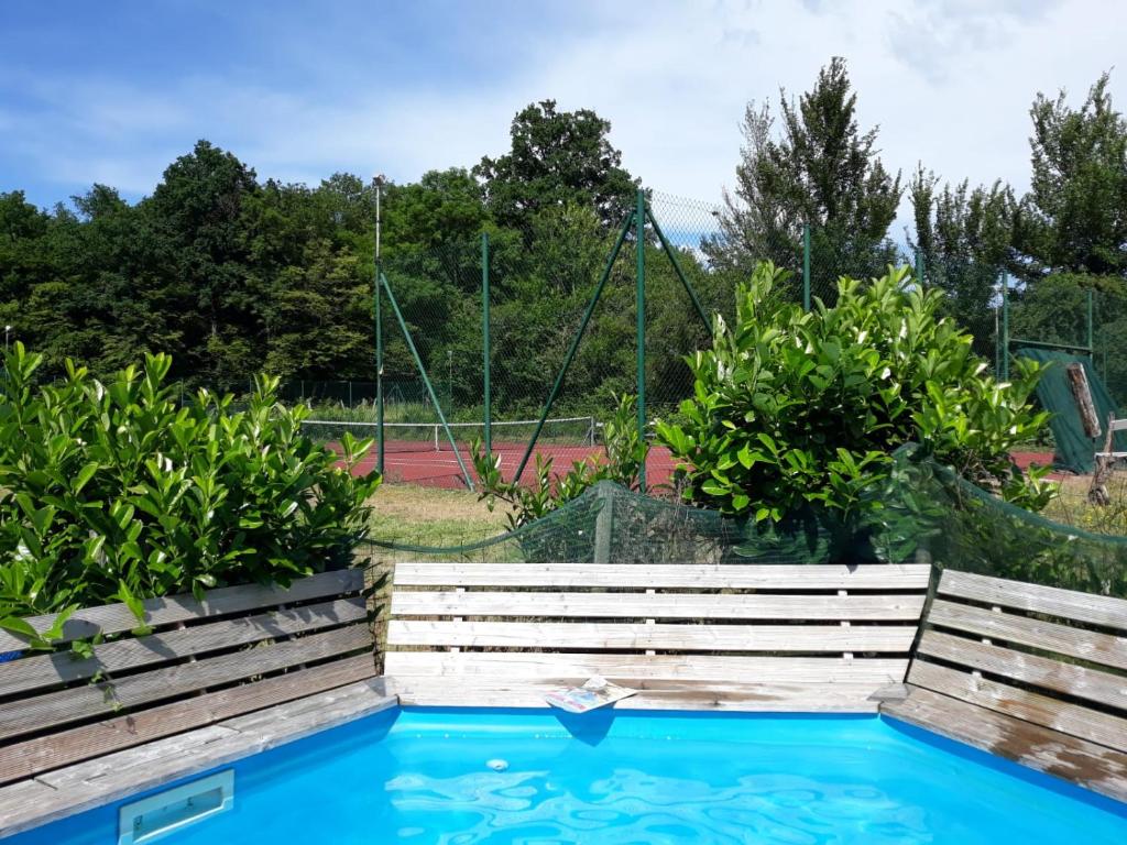 a swimming pool in a garden with a tennis court at La Vache Tennis Privé in Crux-la-Ville