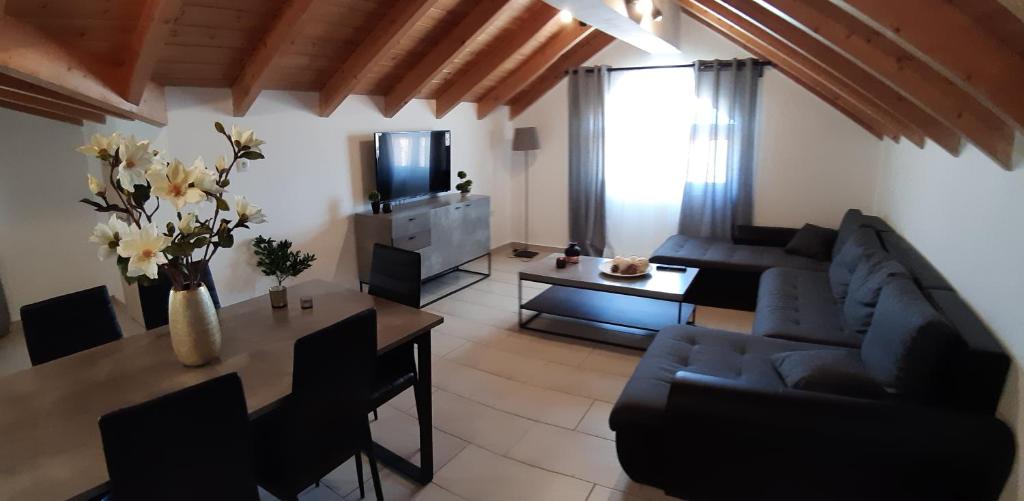 斯卡拉克弗隆尼亞斯的住宿－Skala Pearls Sofita，带沙发、桌子和电视的客厅