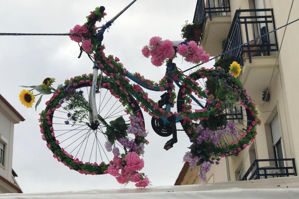 a bicycle covered in flowers hanging from a building at Hotel Atlântica in São Martinho do Porto