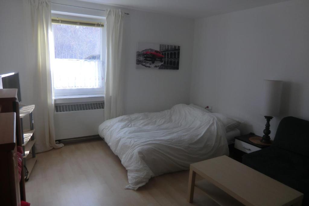 een kleine slaapkamer met een bed en een raam bij Casa Papa in Friedberg