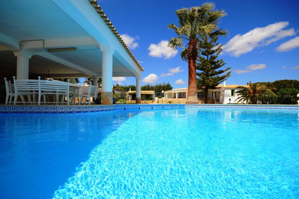 een groot zwembad met een palmboom op de achtergrond bij Villa Quintinha da Balaia in Albufeira