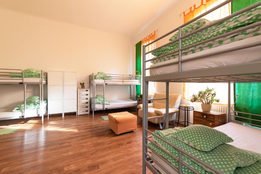 a dorm room with bunk beds in it at Fluxus Hostel in Ljubljana