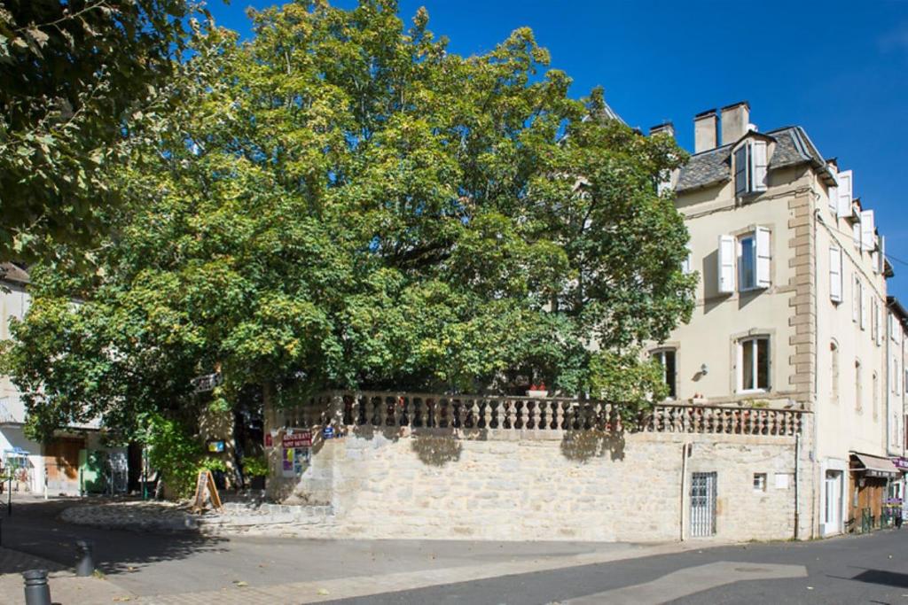 un árbol en la parte superior de una pared de piedra al lado de un edificio en Hotel Saint-Sauveur en Meyrueis