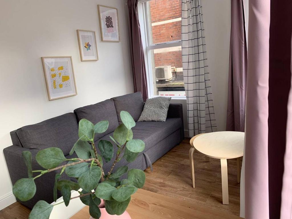 a living room with a couch and a table at GRANBY APARTMENTS in Leicester