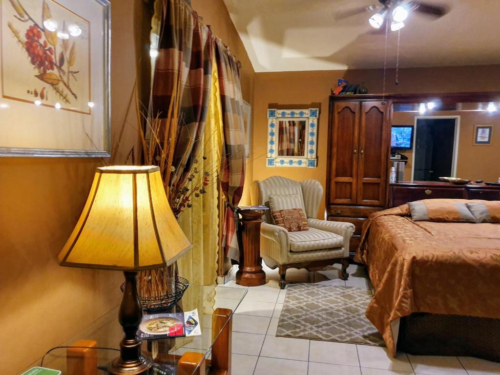 a bedroom with a bed and a lamp and a chair at Dickinson Guest House, Guadalajara Expo in Guadalajara