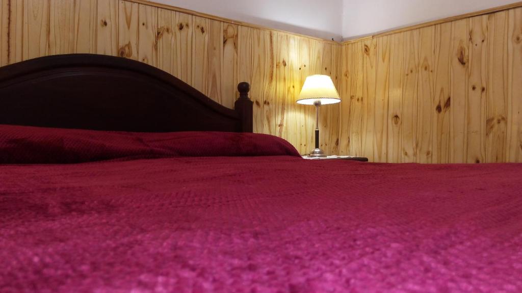 sypialnia z łóżkiem z czerwonym kocem i lampą w obiekcie Hospedaje La Serranita w mieście Bahía Blanca