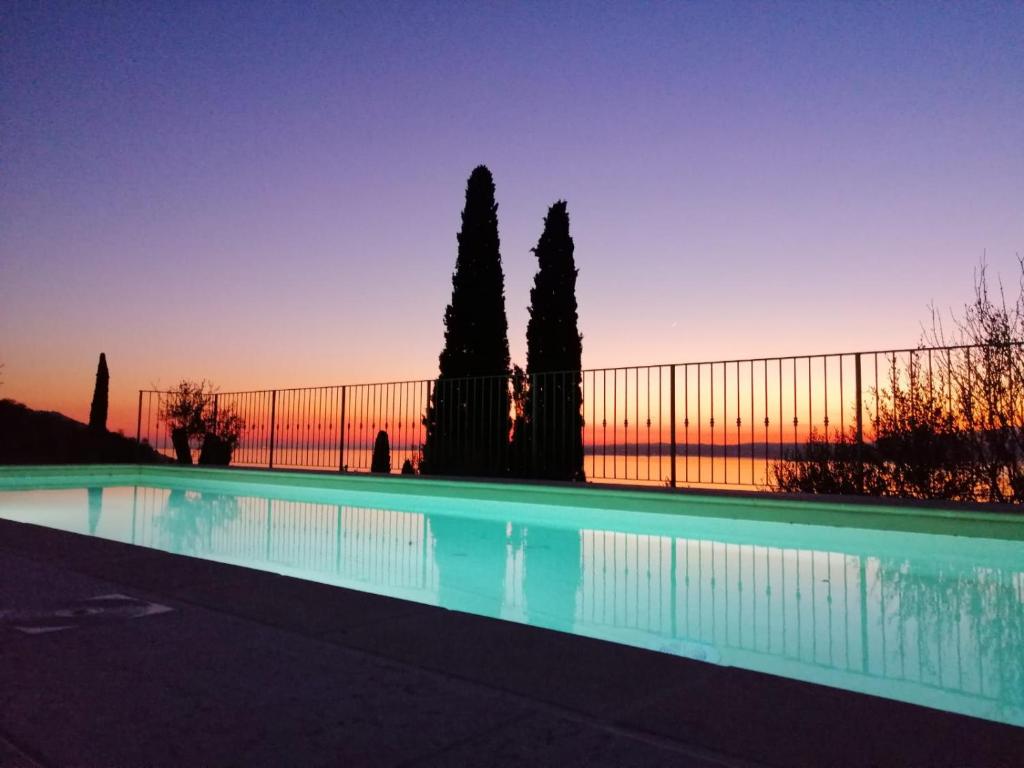 a swimming pool in front of a fence with trees at Agriturismo Le Anze in Torri del Benaco