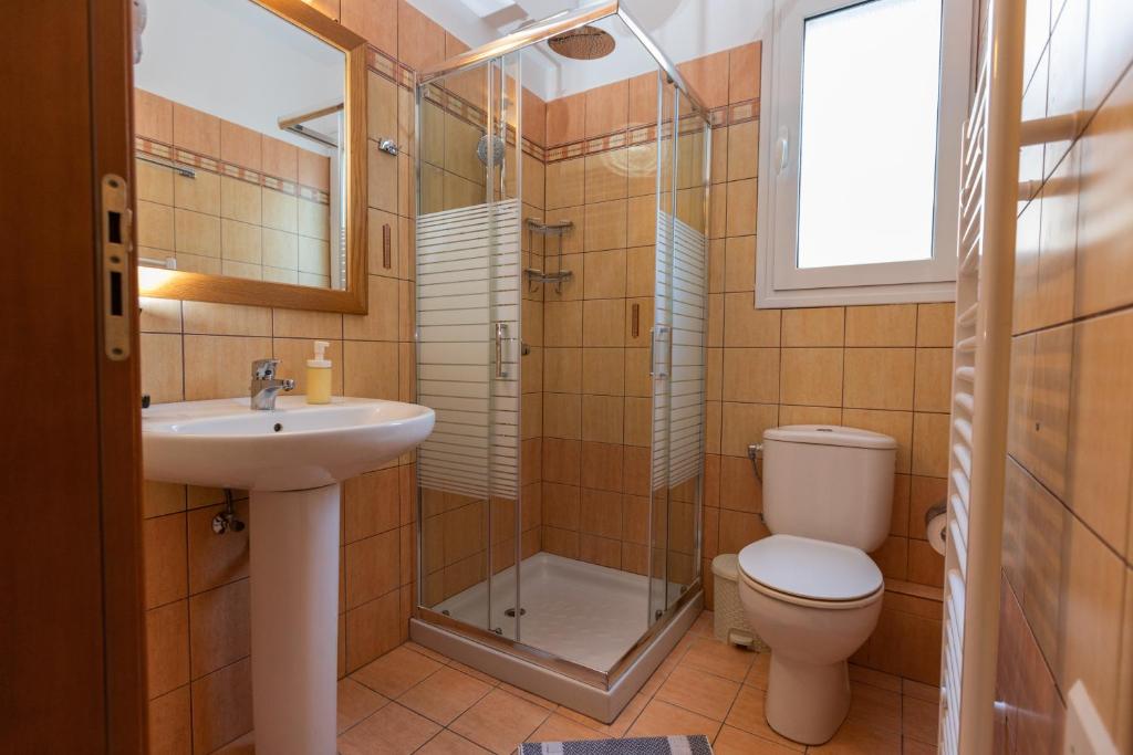 łazienka z toaletą, umywalką i prysznicem w obiekcie Elena's apartment 4 w mieście Argostoli