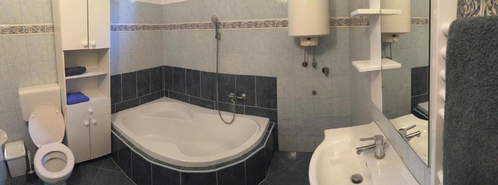 łazienka z wanną, toaletą i umywalką w obiekcie Vass Bor Vendégház w mieście Kiskőrös