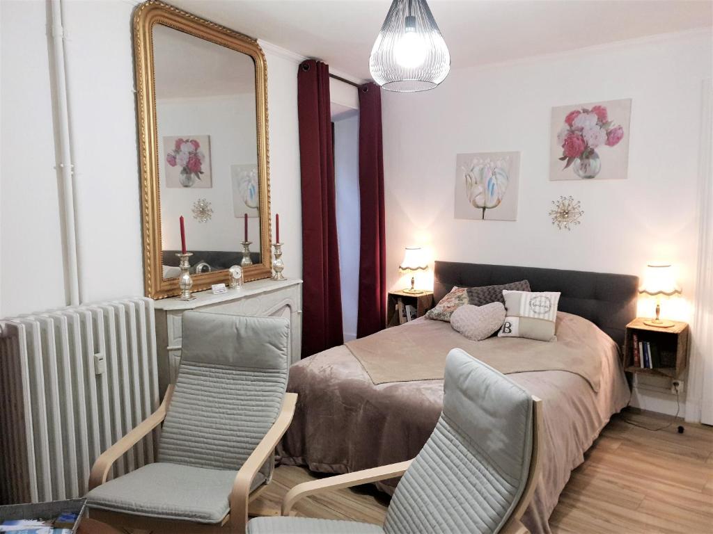 um quarto com uma cama, 2 cadeiras e um espelho em Au Julliard em Aix-les-Bains