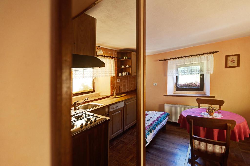 Kuchyň nebo kuchyňský kout v ubytování Apartmaji Pr-Gujlu Sela nad Podmelcem 5220 TOLMIN
