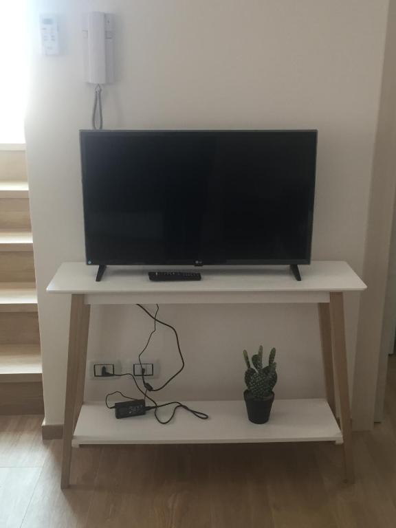 telewizor z płaskim ekranem na białym stole z kaktusem w obiekcie Casa Vacanza La Pergola w mieście Terrasini