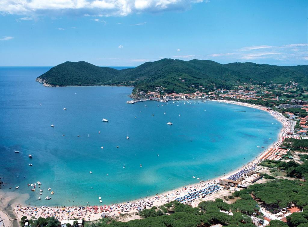 uma vista aérea de uma praia com barcos na água em SerenElba em Marina di Campo