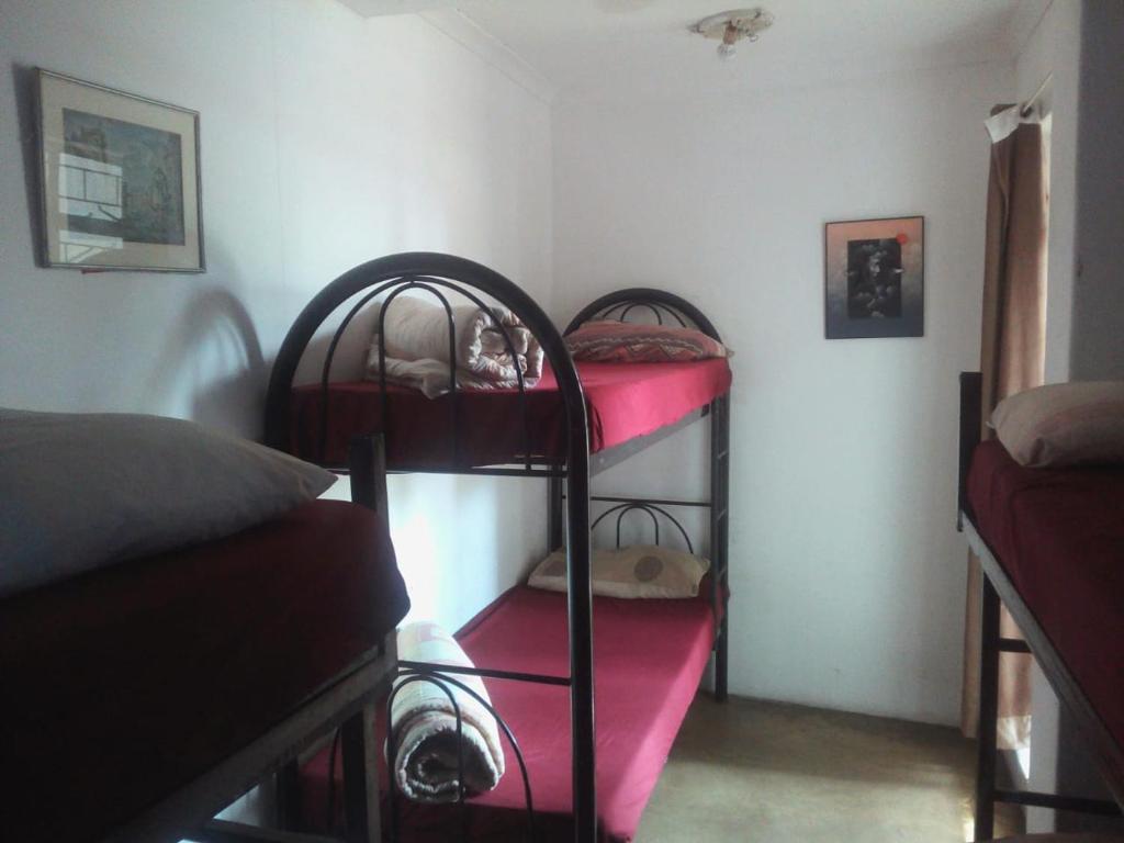 a room with two bunk beds with pink sheets at 4ways Youth Hostel in Johannesburg