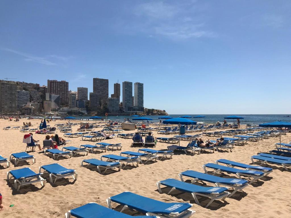 a beach filled with blue beach chairs and people at Apartamento Torre Yago primera linea playa Benidorm con Wi-Fi & AC in Benidorm