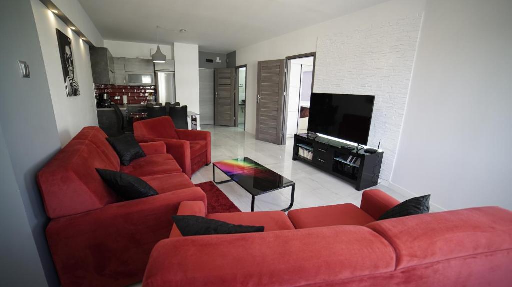 Televízia a/alebo spoločenská miestnosť v ubytovaní Apartament Delux