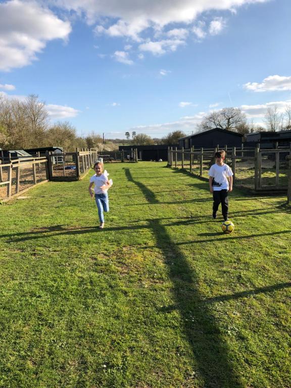 two children playing with a soccer ball in a field at Willow Court Farm Studio East & Petting Farm, 8 mins to Legoland & Windsor, 15 mins to Lapland UK in Windsor
