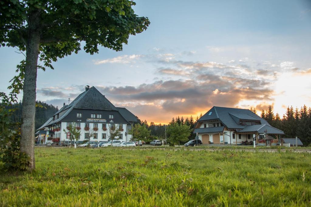 Gasthaus Kalte Herberge في Vöhrenbach: بيتين في حقل مع شجرة