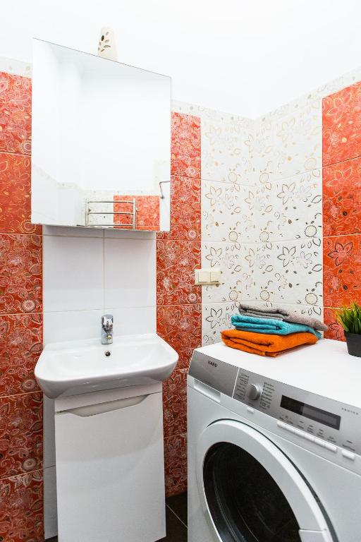 a laundry room with a washing machine and a sink at Baker's street in Lviv