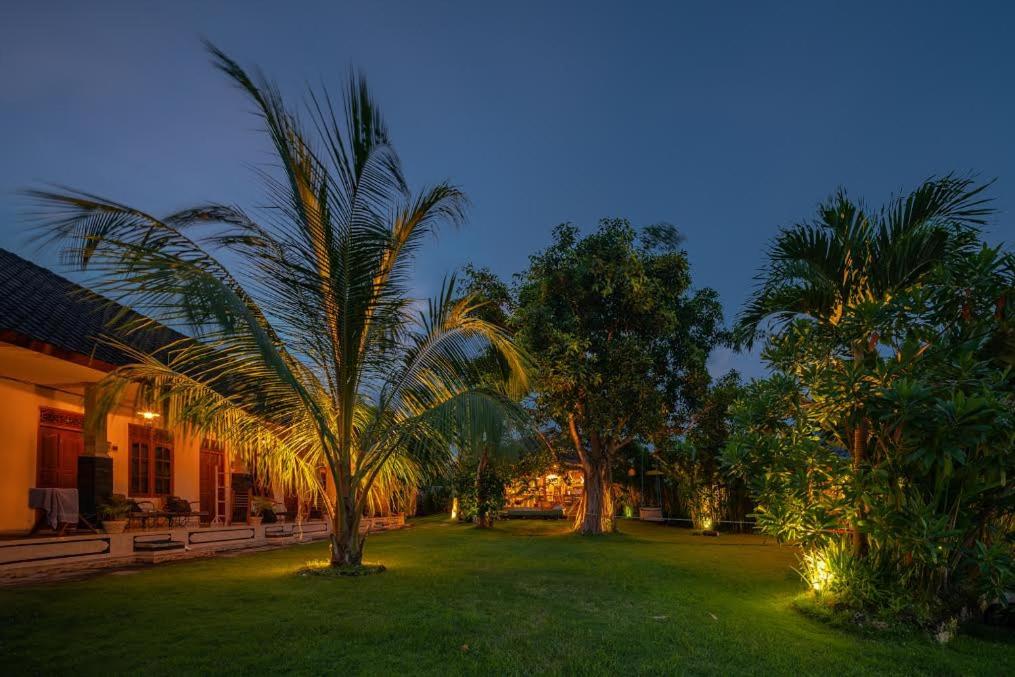 un parque con palmeras y luces por la noche en The Bali Boarding House, en Uluwatu