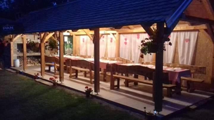 un pavillon avec des tables et des bancs dans une cour dans l'établissement Privatni Smještaj i Seoski Turizam "SUDAR", à Bizovac
