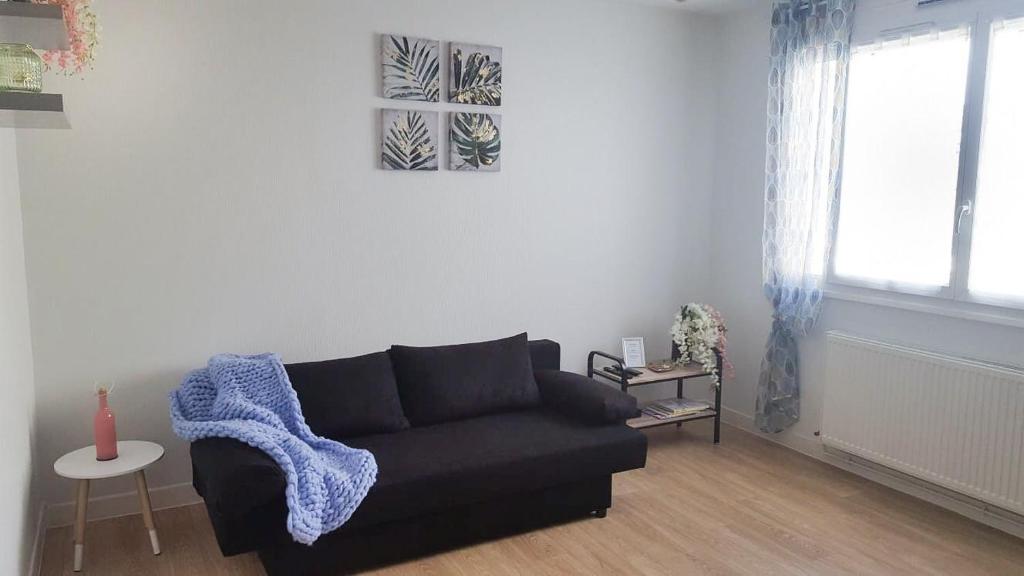 Una sala de estar con un sofá negro y una ventana. en Studio rénové, en Cosne-Cours-sur-Loire