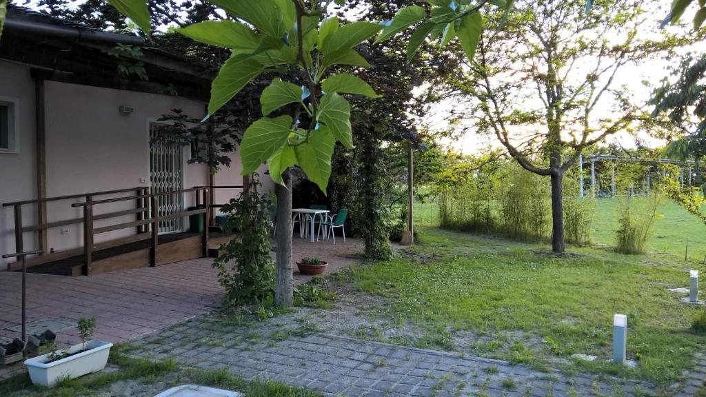 patio ze stołem i drzewem na dziedzińcu w obiekcie Rose Canine B&B w Cesenatico