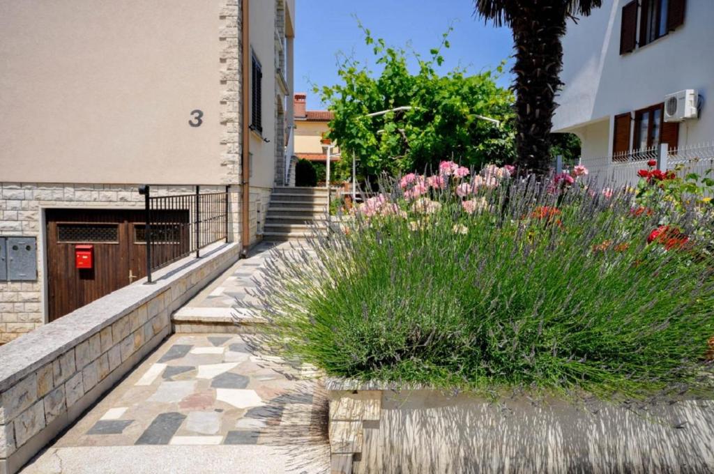 a garden in front of a building with flowers at Jutta Apartment in Novigrad Istria