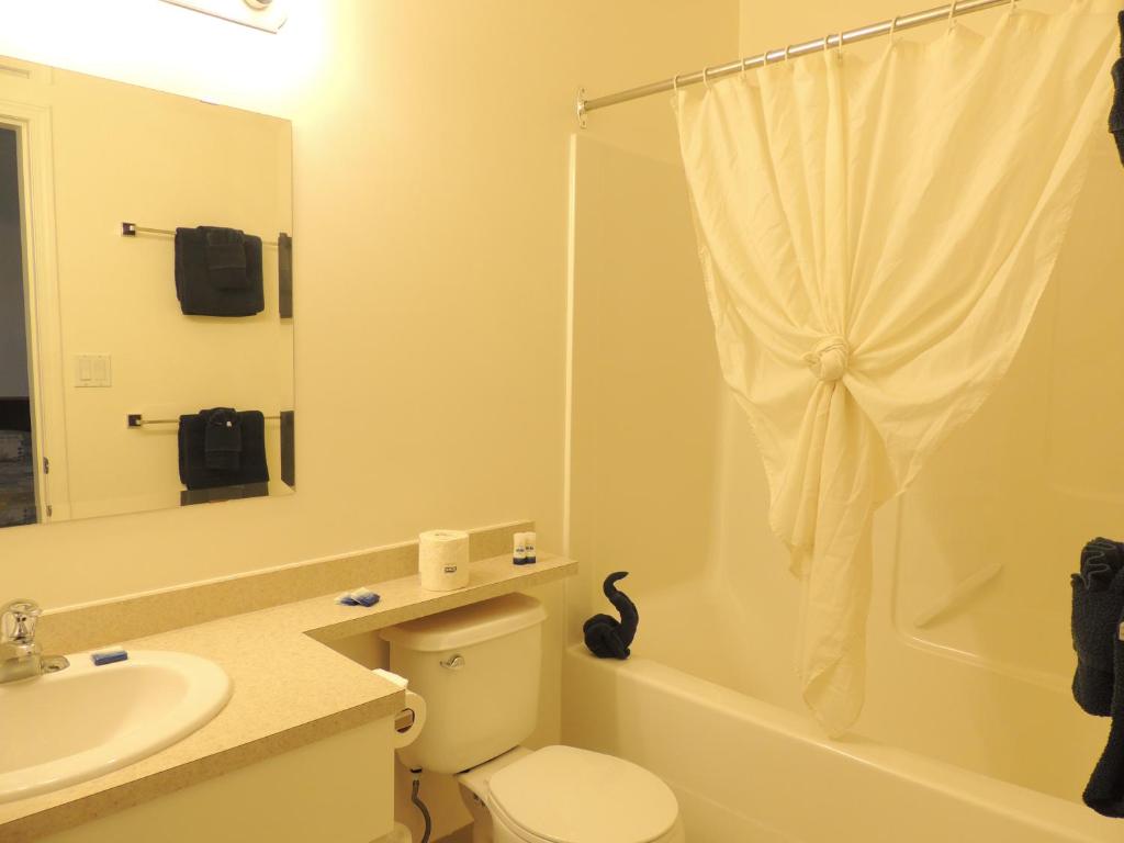 a bathroom with a toilet and a sink and a shower at 100 Mile Motel & RV Park in One Hundred Mile House