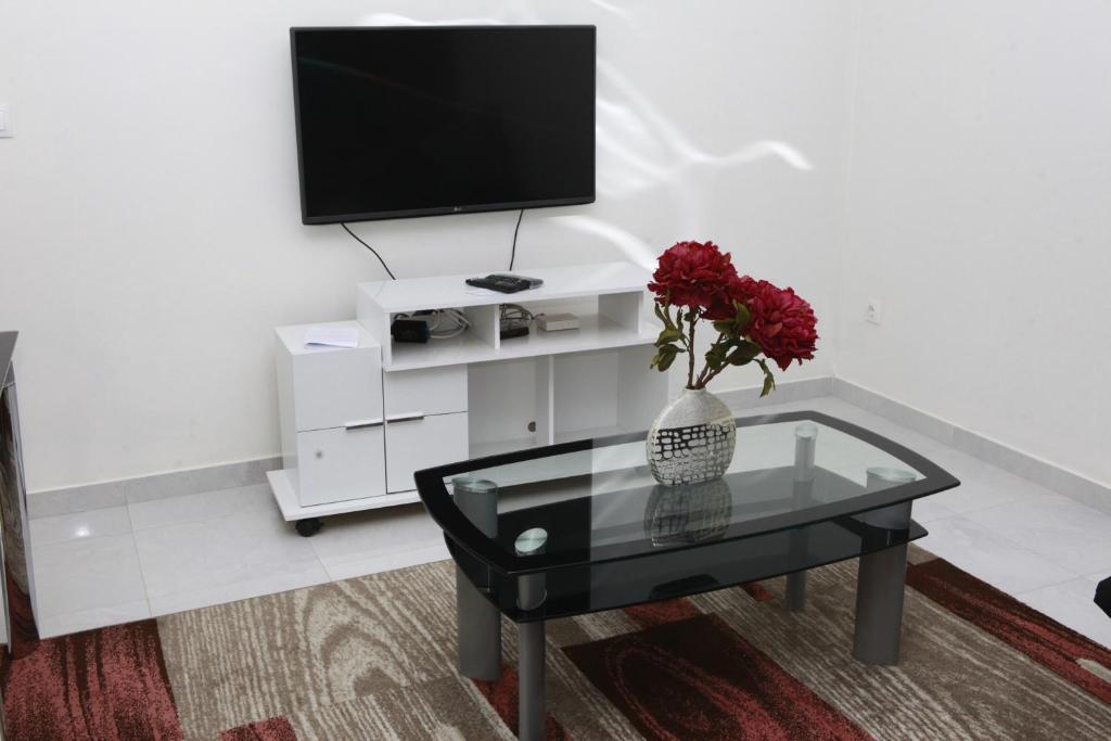 a living room with a vase with flowers on a table at Apartamento Júnior in Praia