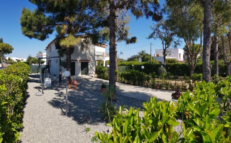un patio con una casa y árboles y arbustos en Villa Fioroni, en Leporano