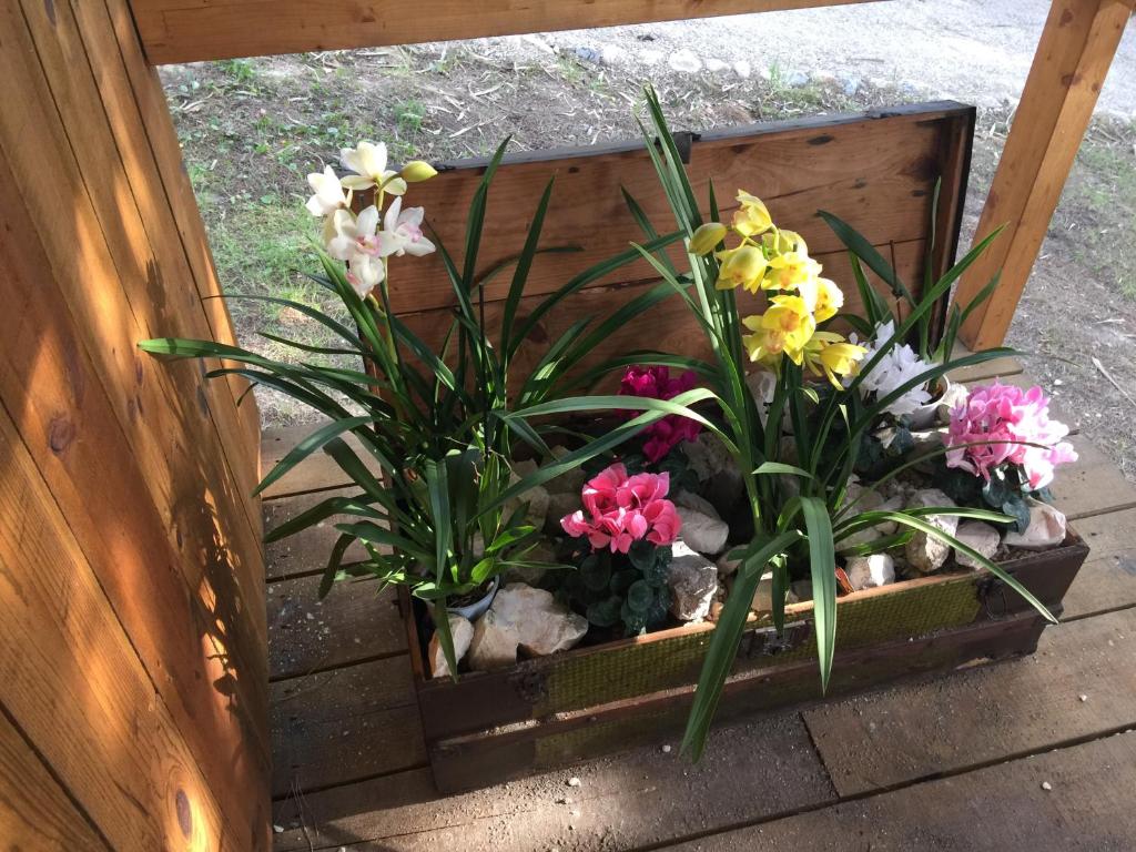 a wooden box with some flowers in it at Quinta do Meco - Beach & Nature in Aldeia do Meco