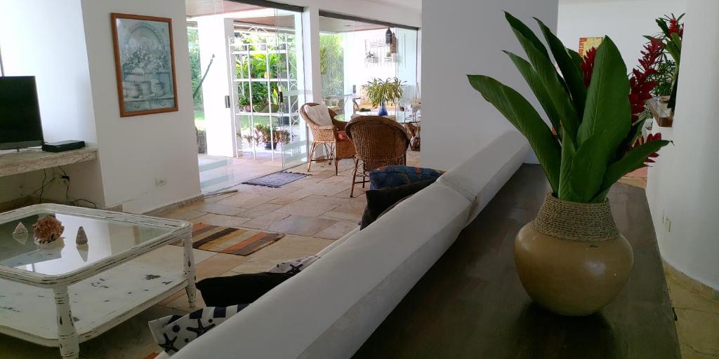 a living room with a couch and a vase with a plant at Renovação Energia Positiva in Guarujá