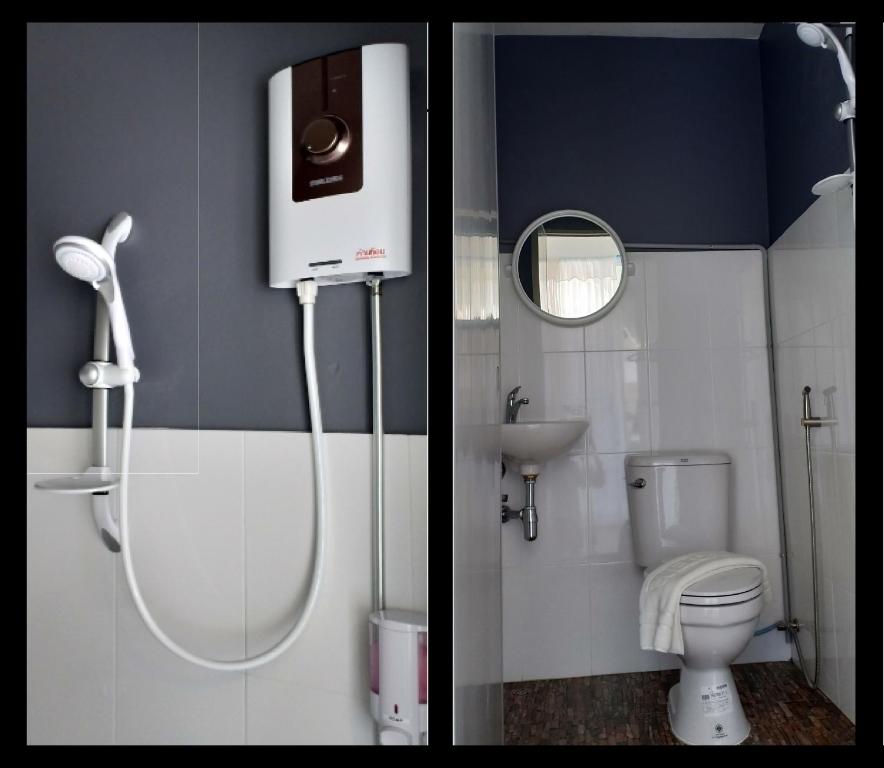 two pictures of a bathroom with a shower and a toilet at Chaweng best hotel and hostel samui in Chaweng