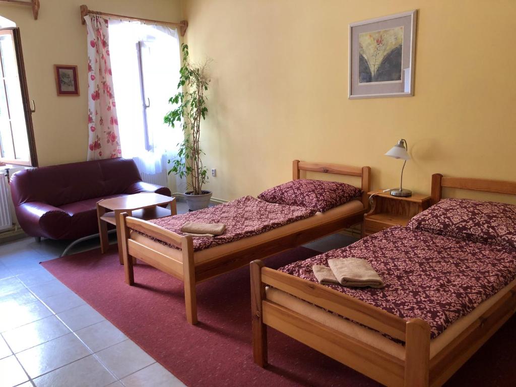 een slaapkamer met 2 bedden en een woonkamer met een bank bij Guest House U Náhonu in Chrudim