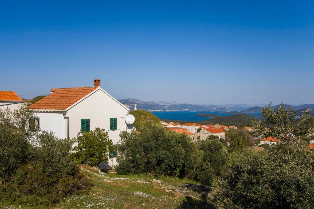 uma casa branca com um telhado vermelho numa colina em Holiday Home Green Lagoon em Janjina