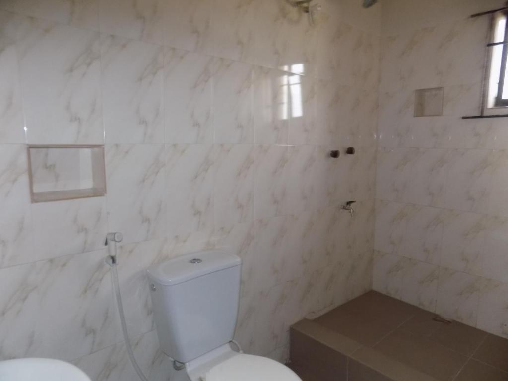 a white bathroom with a toilet and a shower at Posh Apartments Business Hotel in Ikeja