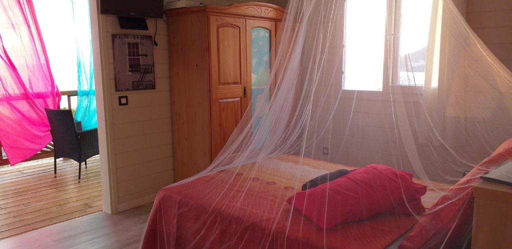 a bedroom with a bed with a mosquito net at bel ti kay in Les Anses-dʼArlets